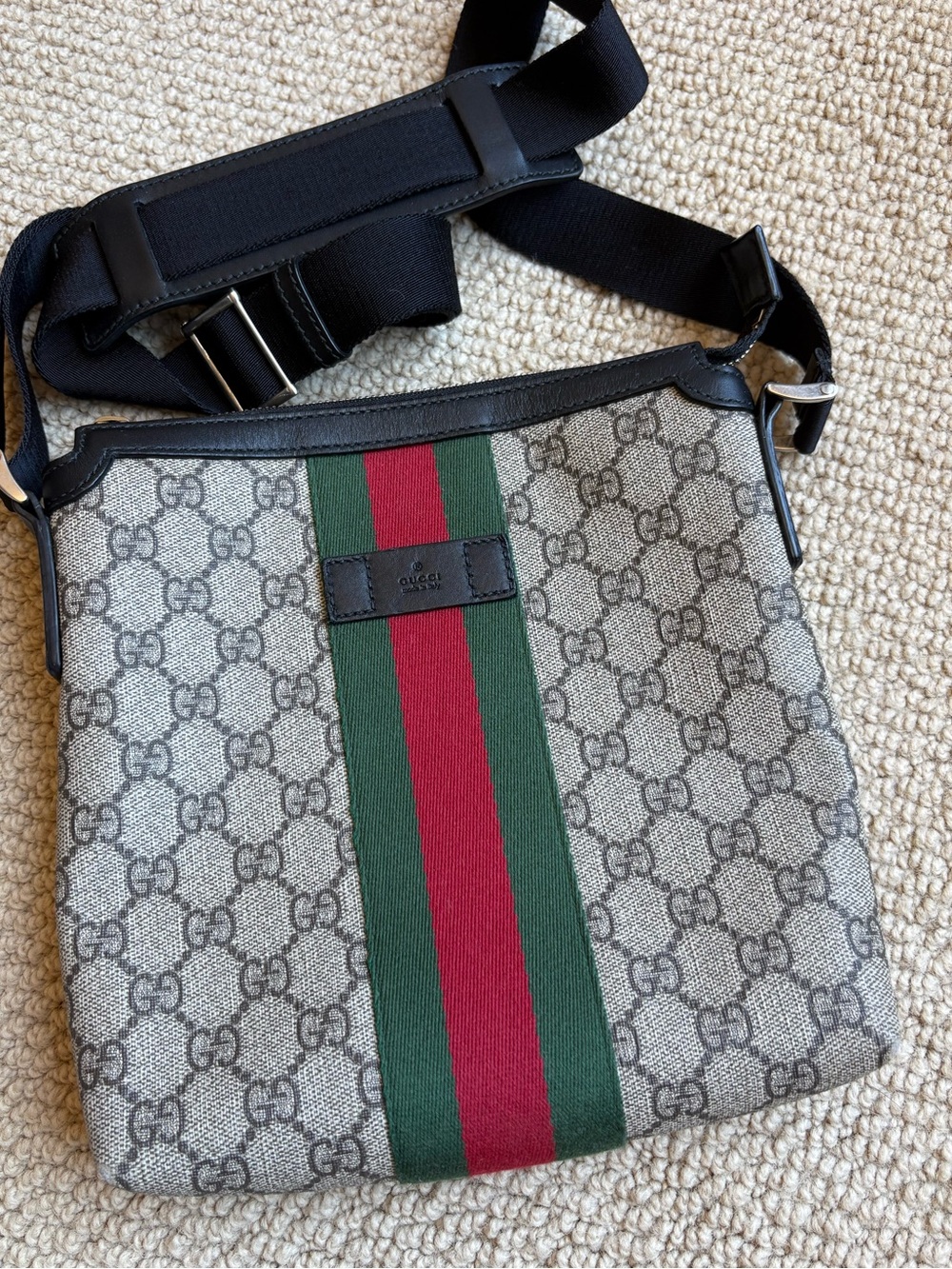 Gucci Beige GG Canvas Messenger Bag with Green and Red Web